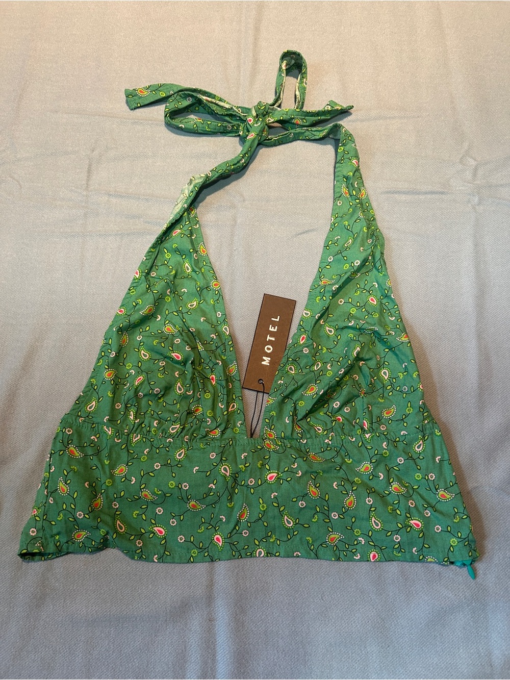 Motel Rocks Green Floral Tie-Neck Halter Crop Top